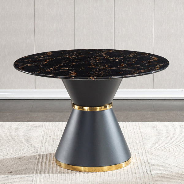 English Elm Black Marble Print Round Dining Table Gold Accent Base Glam Contemporary Seating W1311S00051