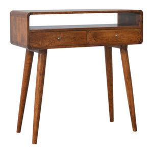 English Elm Curved Chestnut Console Table with 2 Drawers & Open Shelf, Solid Wood Accent, Timeless Elegant Design B182P166489