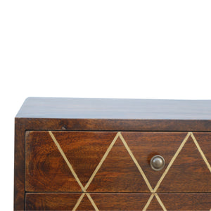 English Elm Geo Brass Inlay Bedside Chestnut with Gold Accents, 2-Drawer Nordic Legs Nightstand for Cozy Style B182P166486