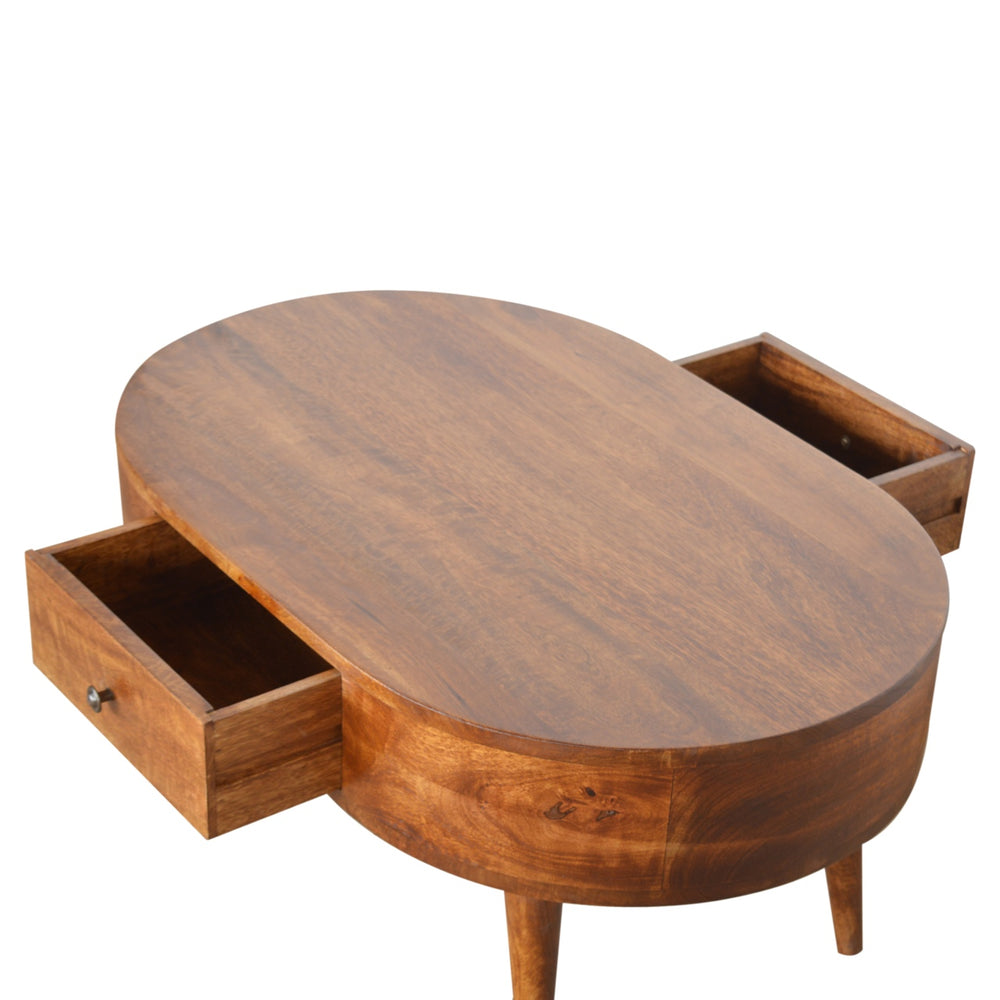 English Elm Chestnut Rounded Coffee Table With Nordic Legs, 2 Drawers For Stylish Living Room Storage & Decor B182P166518