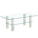 English Elm Modern Minimalist Double Layered Transparent Tempered Glass Coffee Table and Coffee Table, Paired With White Mdf Decorative Columns. Computer Desk. Game Table. Ct-X02