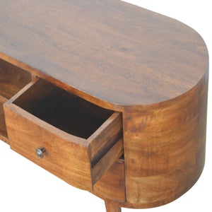 English Elm Chestnut Rounded Entertainment Unit With Nordic Legs, 4 Drawers & Open Slots For Stylish Storage B182P166512