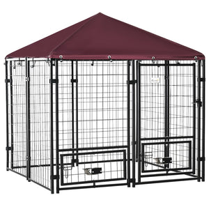 English Elm Pawhut Walk-in Steel Dog Kennel Outdoor with Canopy and Rotating Bowl Holders W2225P166430
