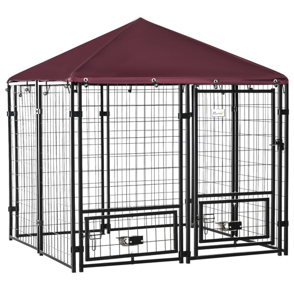 English Elm Pawhut Walk-in Steel Dog Kennel Outdoor with Canopy and Rotating Bowl Holders W2225P166430