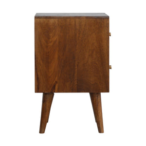 English Elm Chestnut Solid Wood Cube Bedside Nightstand with Carved Front, Nordic Legs, 2 Drawers, Brown Finish B182P166503