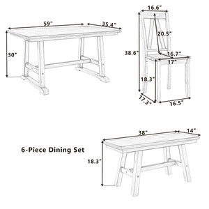 English Elm TOPMAX 6-Piece Wood Dining Set with Bench and 4 Chairs, Solid Rubberwood Frame, Farmhouse Walnut Gray Finish SP000256AAE