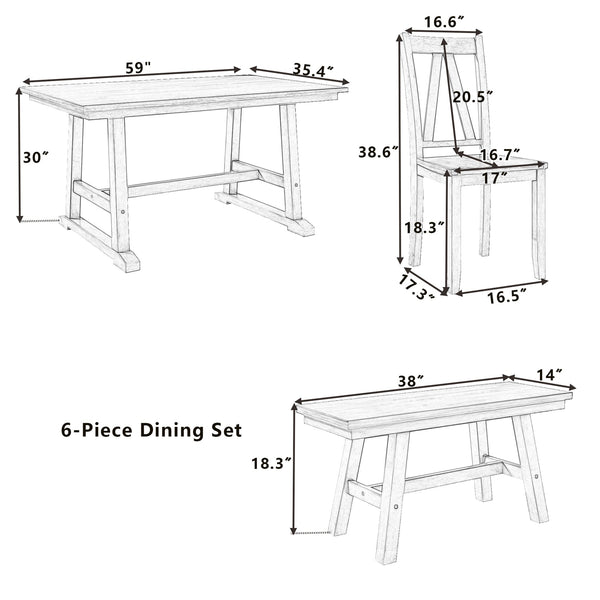 English Elm TOPMAX 6-Piece Wood Dining Set with Bench and 4 Chairs, Solid Rubberwood Frame, Farmhouse Walnut Gray Finish SP000256AAE