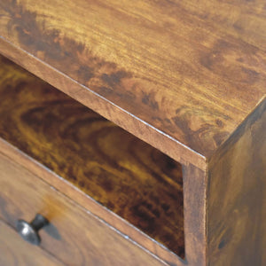 English Elm Solid Wood Mini Classic Chestnut Bedside with 2 Drawers & Open Shelf, Nordic Legs, Dark Brown Finish — Timeless Elegance for Cozy Modern Homes B182P166571