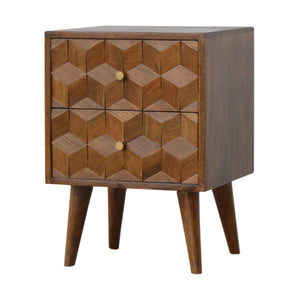 English Elm Chestnut Solid Wood Cube Bedside Nightstand with Carved Front, Nordic Legs, 2 Drawers, Brown Finish B182P166503