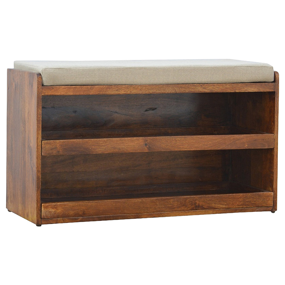 English Elm Mud Linen Pull-Out Shoe Bench With 2 Shelves For Stylish Storage And Seating In Chestnut Finish B182P166490
