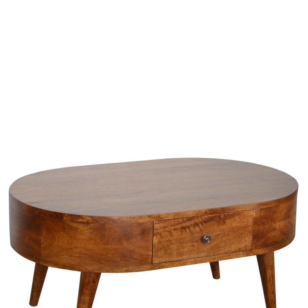 English Elm Chestnut Rounded Coffee Table With Nordic Legs, 2 Drawers For Stylish Living Room Storage & Decor B182P166518