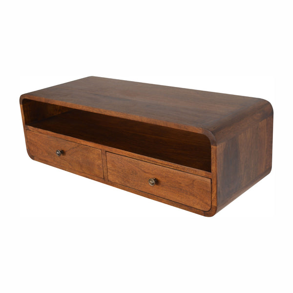 English Elm Floating Chestnut Open Console - 2 Drawer Wall-Mounted Solid Wood Storage, Modern Chestnut Finish B182P166533