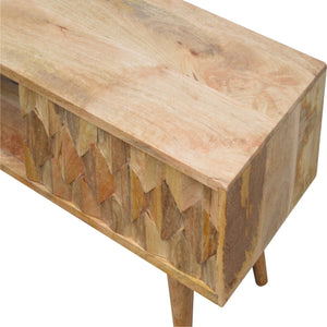 English Elm Pineapple Carve Oak Media Console with Rattan Accent, 1 Open Slot, Sliding Drawer, Nordic Legs B182P166493