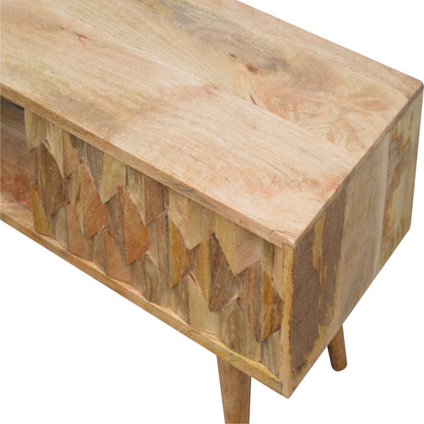 English Elm Pineapple Carve Oak Media Console with Rattan Accent, 1 Open Slot, Sliding Drawer, Nordic Legs B182P166493