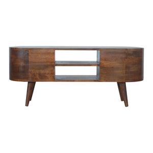 English Elm Chestnut Rounded Entertainment Unit With Nordic Legs, 4 Drawers & Open Slots For Stylish Storage B182P166512