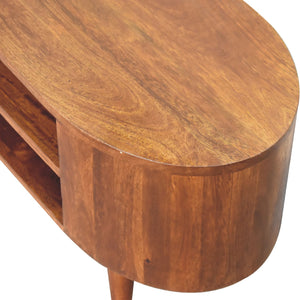 English Elm Solid Wood Cortez Chestnut media unit with 2 open shelves, Nordic legs, compact 39.4"L modern chestnut design B182P166601