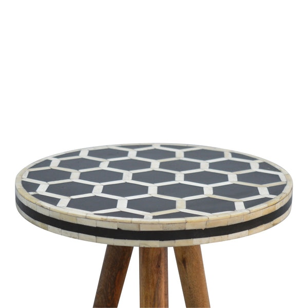 English Elm Solid Bone Inlay Tripod Stool - 100% Mango Wood Accent Table, Beige & White, Sustainable Decor B182P234165