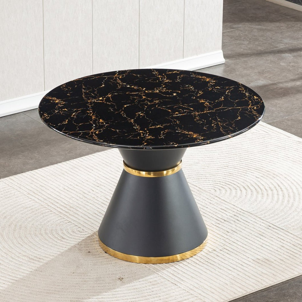 English Elm Black Marble Print Round Dining Table Gold Accent Base Glam Contemporary Seating W1311S00051
