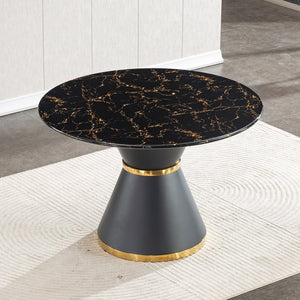 English Elm Black Marble Print Round Dining Table Gold Accent Base Glam Contemporary Seating W1311S00051