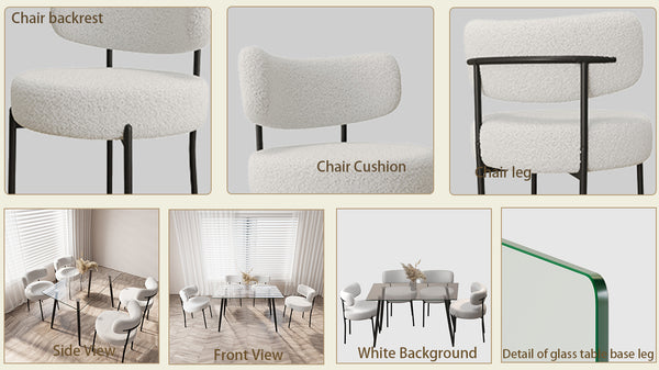 English Elm 51.2'' Modern Dining Table Set With Glass Top & 4 Plush White Teddy Velvet Chairs For Stylish Spaces W2189S00264