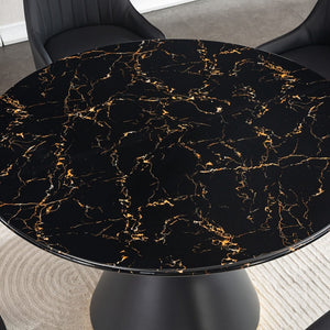 English Elm Black Marble Print Round Dining Table Gold Accent Base Glam Contemporary Seating W1311S00051