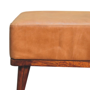 English Elm Tan Buffalo Leather Footstool Upholstered with Nordic Legs Chestnut Wood Accent Cozy Modern Chic 23.6"L B182P166630
