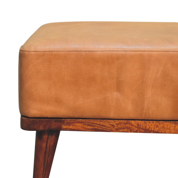 English Elm Tan Buffalo Leather Footstool Upholstered with Nordic Legs Chestnut Wood Accent Cozy Modern Chic 23.6"L B182P166630