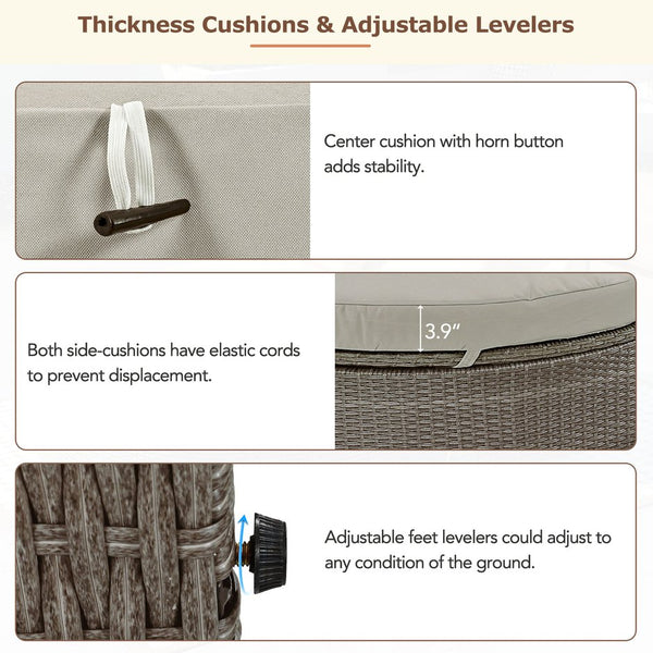 English Elm TOPMAX Outdoor Sun Bed Double Daybed with PE Rattan, 3-Position Recline, Thick Cushions & Trays Gray SP100015AAE