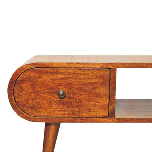 English Elm Solid Mango Wood Circular Tv Unit With Nordic Legs, 2 Drawers, Open Slot For Stylish Storage Solutions B182P280779-GIGA