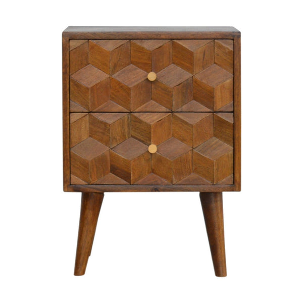 English Elm Chestnut Solid Wood Cube Bedside Nightstand with Carved Front, Nordic Legs, 2 Drawers, Brown Finish B182P166503