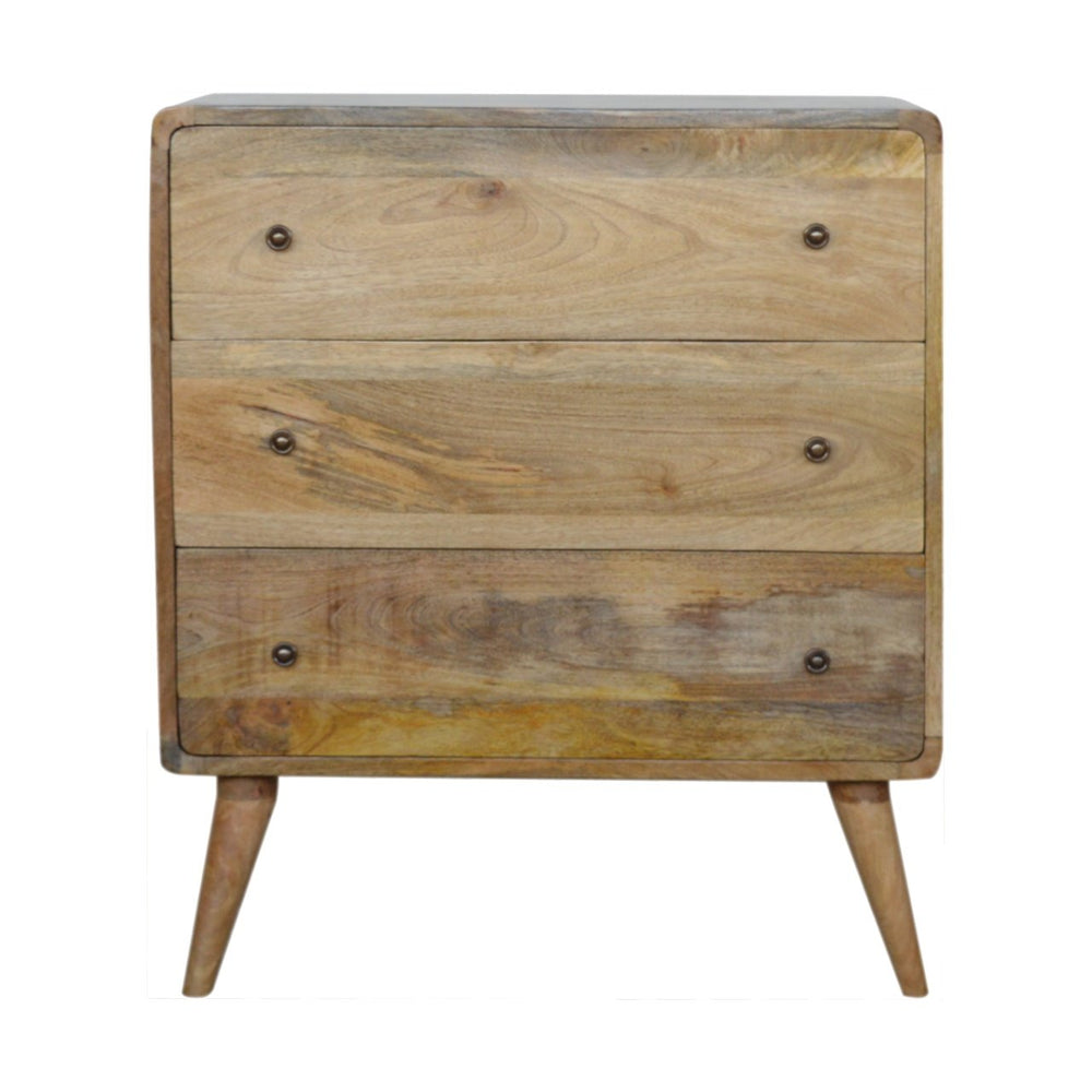 English Elm Curved Oak-ish Chest with 3 Drawers on Nordic Legs — Solid Wood Light Brown, Timeless Modern Accent B182P166520