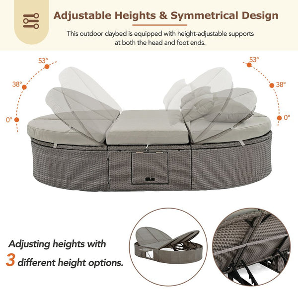 English Elm TOPMAX Outdoor Sun Bed Double Daybed with PE Rattan, 3-Position Recline, Thick Cushions & Trays Gray SP100015AAE