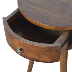 English Elm Nordic Chestnut Circular Nightstand with Solid Wood Nordic Legs, 1 Drawer — Timeless Elegant Accent B182P166532