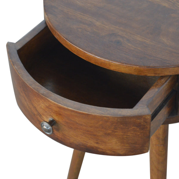 English Elm Nordic Chestnut Circular Nightstand with Solid Wood Nordic Legs, 1 Drawer — Timeless Elegant Accent B182P166532