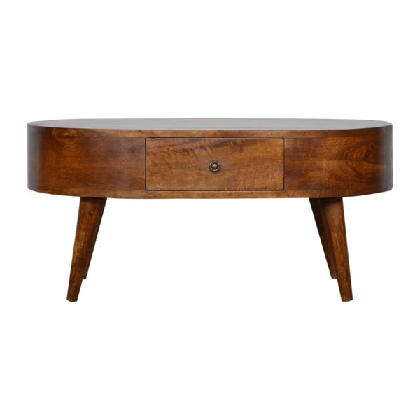 English Elm Chestnut Rounded Coffee Table With Nordic Legs, 2 Drawers For Stylish Living Room Storage & Decor B182P166518