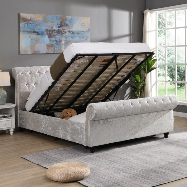 English Elm Hartfried Queen Upholstered Storage Bed with Hydraulic Lift, Velvet Tufted Headboard, Silver Finish W2297S00002