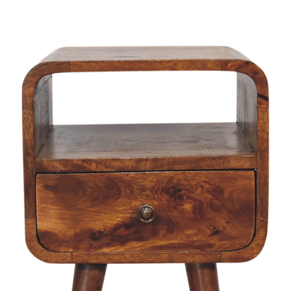 English Elm Mini Chestnut Curve Open Bedside Table With Drawer - Compact Solid Wood Design For Stylish Storage B182P166577