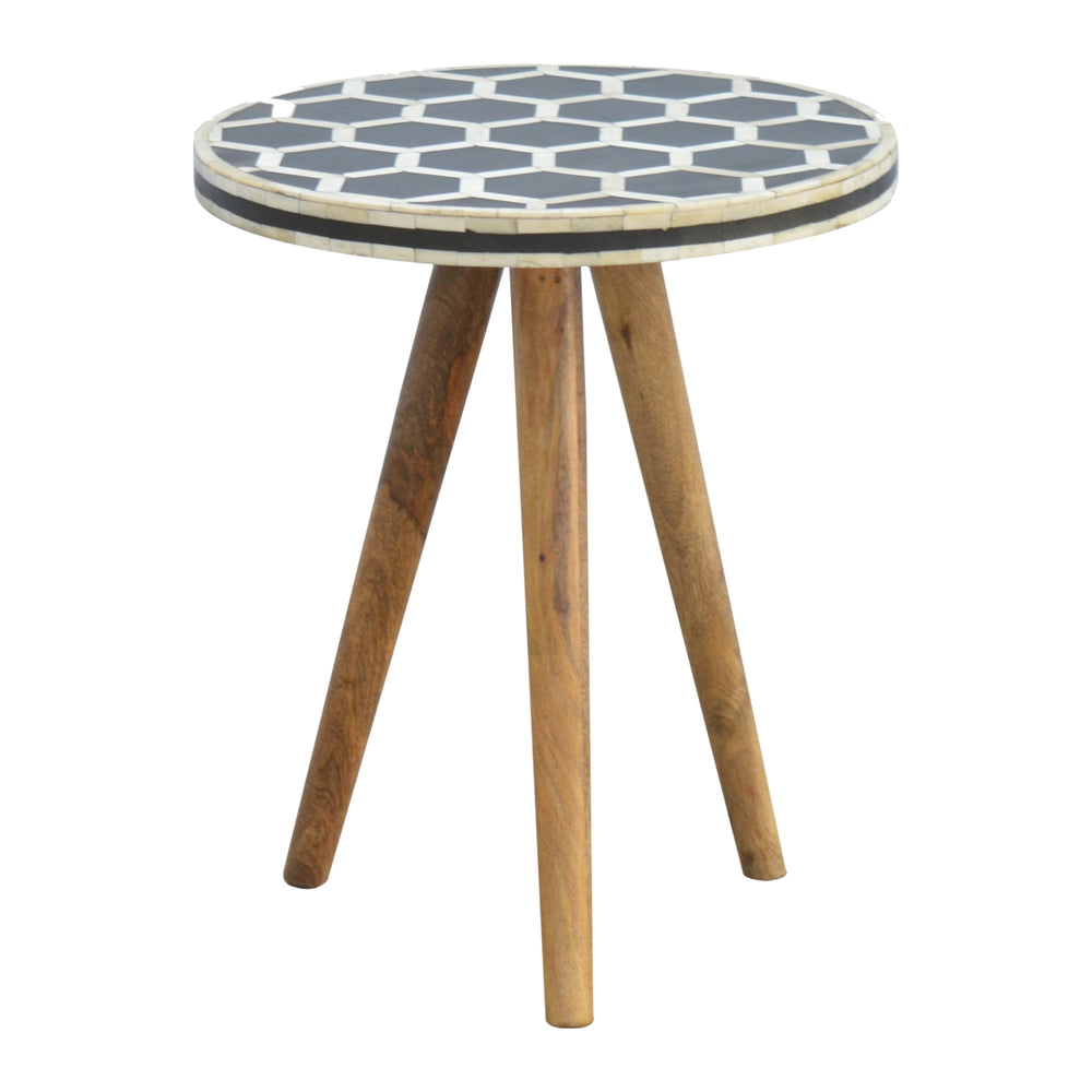English Elm Solid Bone Inlay Tripod Stool - 100% Mango Wood Accent Table, Beige & White, Sustainable Decor B182P234165