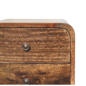 English Elm Solid Wood Mini Curved Nightstand - Grey Washed Finish, 2 Drawers, Nordic Legs For Compact Spaces B182P202480-GIGA