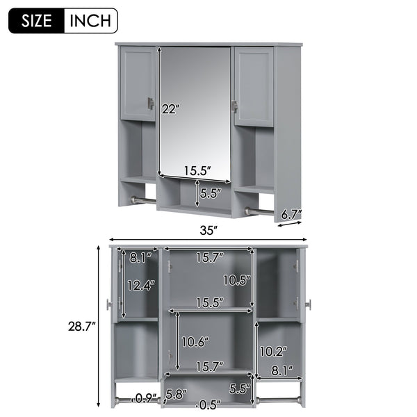 English Elm 35'' Modern Wall-Mounted Medicine Cabinet with Mirror, Ample Storage, Adjustable Shelves & Towel Bar Grey WF317173AAE