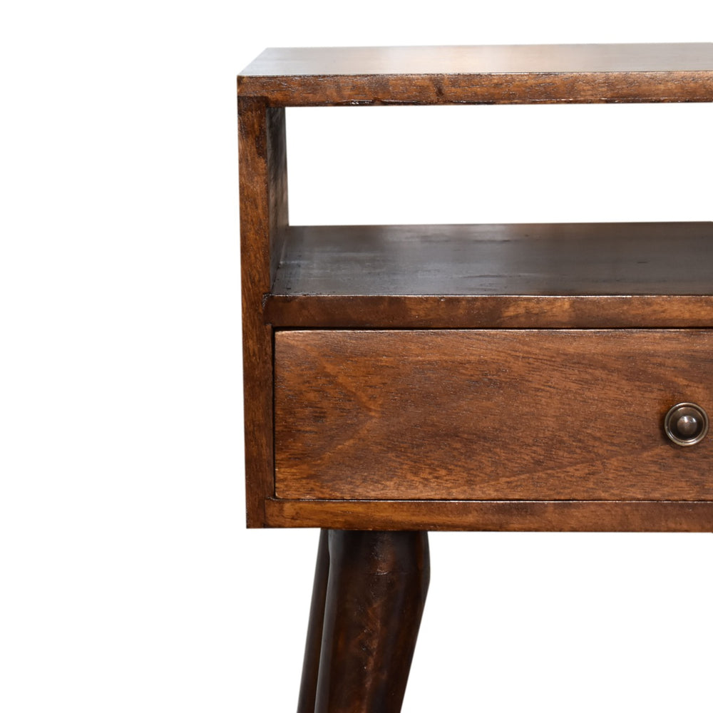 English Elm Modern Chestnut Solid Wood Bedside Nightstand with 1 Drawer & Open Slot, Nordic Legs, Elegant Accent B182P166567