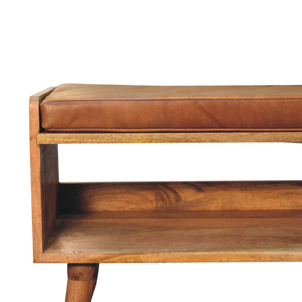 English Elm Oak-Ish Bench With Tan Leather Cushion - Stylish Entryway Seating For Modern & Rustic Spaces B182P166666