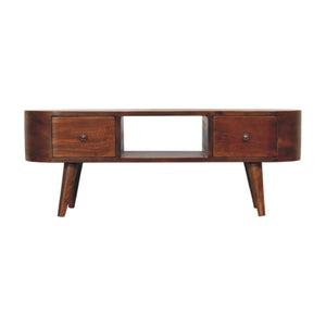 English Elm Chestnut Round Media Unit with 2 Drawers & Open Shelf — Solid Wood, Compact 43.3"L Stylish Accent B182P166579
