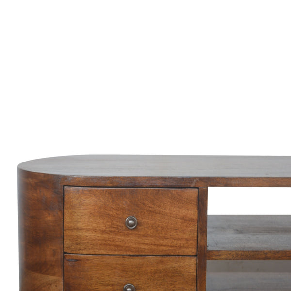 English Elm Chestnut Rounded Entertainment Unit With Nordic Legs, 4 Drawers & Open Slots For Stylish Storage B182P166512