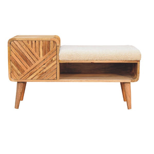English Elm Solid Wood Boucle Upholstered Telephone Table With Carved Drawer & Open Shelf For Stylish Storage B182P280795-GIGA