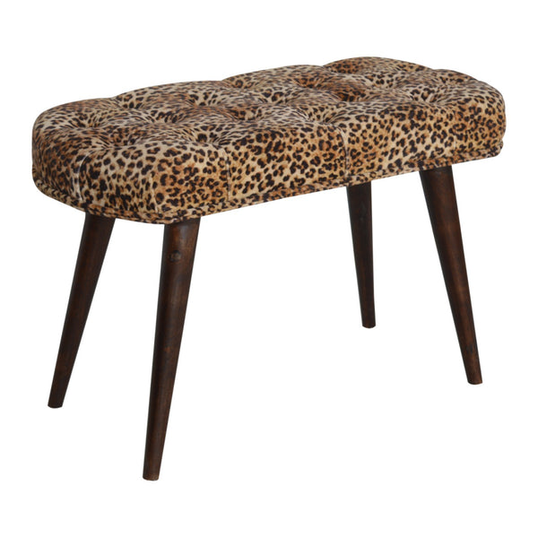 English Elm Leopard Walnut Deep Button Bench with Leopard Print Fabric Upholstery — Stylish, Versatile Accent Seat B182P166529