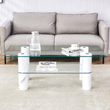 English Elm Modern Minimalist Double Layered Transparent Tempered Glass Coffee Table and Coffee Table, Paired With White Mdf Decorative Columns. Computer Desk. Game Table. Ct-X02