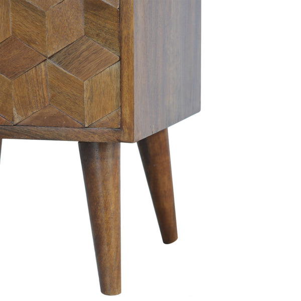 English Elm Chestnut Solid Wood Cube Bedside Nightstand with Carved Front, Nordic Legs, 2 Drawers, Brown Finish B182P166503