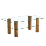 English Elm Modern Minimalist Double-Layer Transparent Tempered Glass Coffee Table and Coffee Table, Paired With Wooden Mdf Decorative Columns. Computer Desk. Game Table. Ct-X02