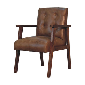 English Elm Brown Buffalo Leather Chair - Chestnut Solid Wood Accent Seat, Timeless Elegance, Cozy Contemporary Style B182P166663
